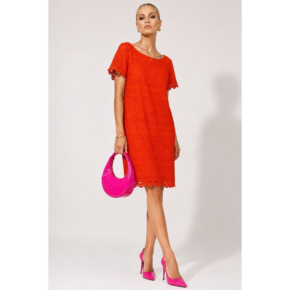 Maggy‎ London Shift Dress Orange Crochet Lace Short Sleeve Scalloped / Size 16
